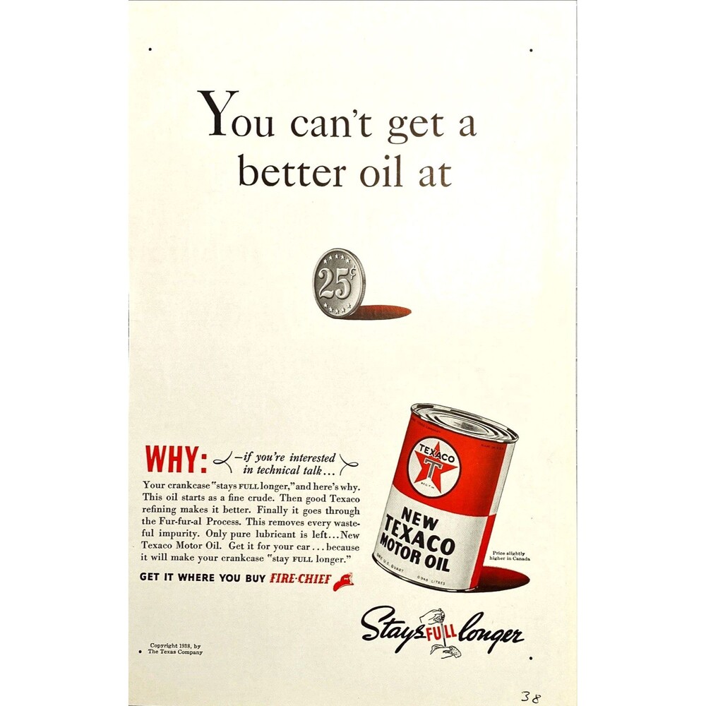 Texaco Motor Oil "You can't get a better oil at 25 Cents" Vintage Print Ad 1938